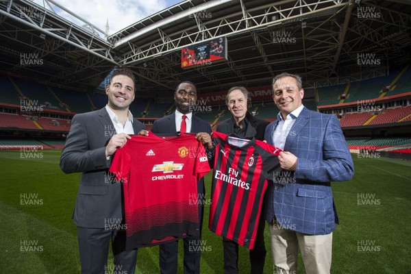 270319 - Picture shows the announcement of Manchester United v AC Milan to be held at the Principality Stadium, Cardiff on the 3rd August 2019 in the International Champions Cup - Andrew Cole and Franco Baresi with ICC's Matthew Kontos (left) and WRU's Mark Williams (right)