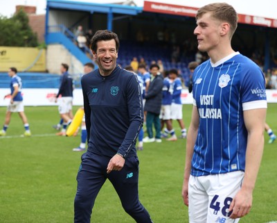 020526 - Mansfield Town v Cardiff City - Sky Bet League 1 - Manager Brian Barry-Murphy of Cardiff with Dylan Lawlor of Cardiff at the end of the match