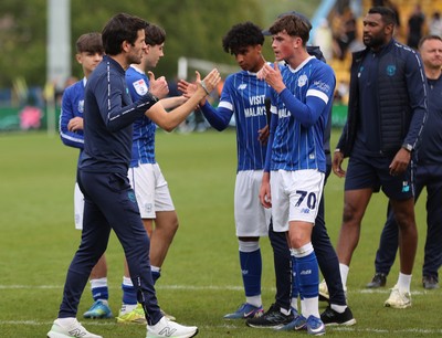 020526 - Mansfield Town v Cardiff City - Sky Bet League 1 - Manager Brian Barry-Murphy of Cardiff urges the players toward the travelling fans