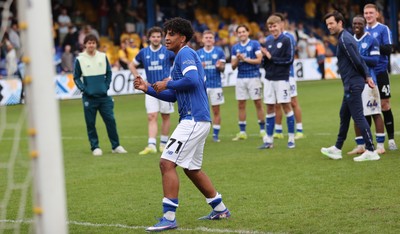 020526 - Mansfield Town v Cardiff City - Sky Bet League 1 - Paul Mereno of Cardiff is put forward by Manager Brian Barry-Murphy of Cardiff to salute fans with rousing air punch
