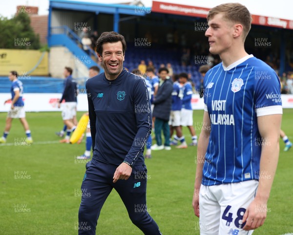 020526 - Mansfield Town v Cardiff City - Sky Bet League 1 - Manager Brian Barry-Murphy of Cardiff with Dylan Lawlor of Cardiff at the end of the match