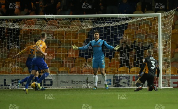 130218 - Mansfield Town v Newport County, Sky Bet League 2 - Newport County goalkeeper Joe Day reacts after the second goal