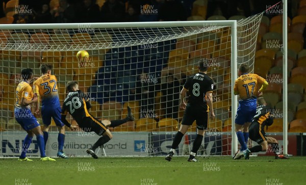 130218 - Mansfield Town v Newport County, Sky Bet League 2 - Alfie Potter of Mansfield Town fires the third goal into the net