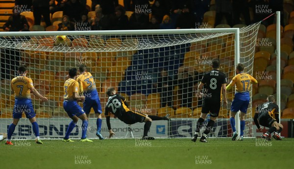 130218 - Mansfield Town v Newport County, Sky Bet League 2 - Alfie Potter of Mansfield Town fires the third goal into the net