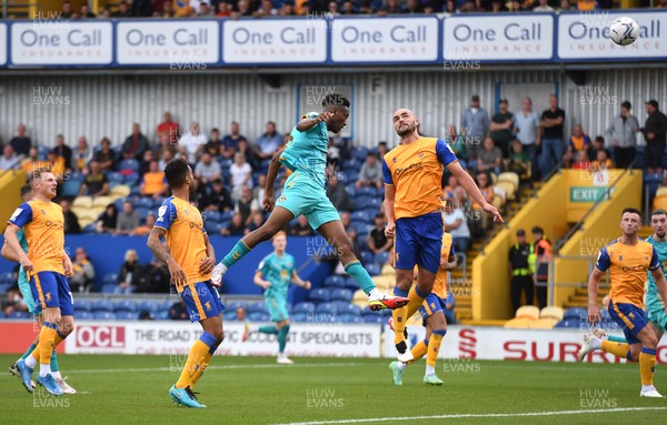 140821 - Mansfield Town v Newport County - EFL SkyBet League 2 - Timmy Abraham of Newport County heads a shot at goal