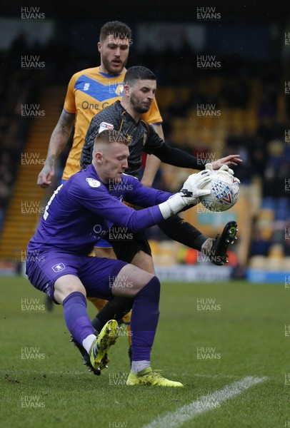 150220 - Mansfield Town v Newport County - Sky Bet League 2 - Aidan Stone of Mansfield Town saves from Padraig Amond of Newport County