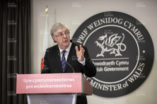 120321 - Picture shows First Minister of Wales Mark Drakeford giving a Press Conference to the press, where he announced a slight easing of coronavirus restrictions starting from tomorrow (13th March)