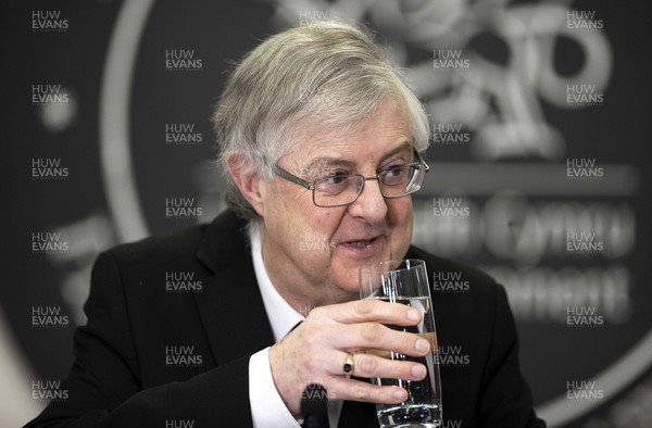 190221 - Picture shows Wales First Minister Mark Drakeford speaking to the press in Cardiff about the slight easing of coronavirus restrictions which have been announced today