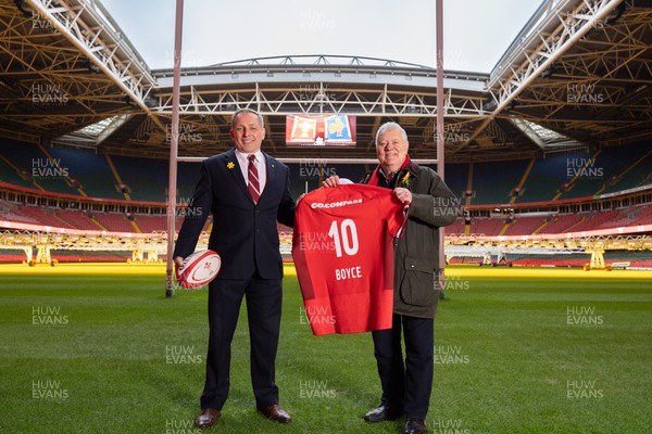 010324 - Principality stadium manager Mark Williams with Max Boyce at the stadium to announce Max’s brand-new rendition of Hymns and Arias which he will perform at Wales V France