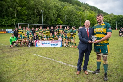 160526 - Cross Keys v Merthyr - Admiral WRU Premiership - Merthyr captain Paddy McBride receives the trophy from Roy Wilkinson District C Council Member