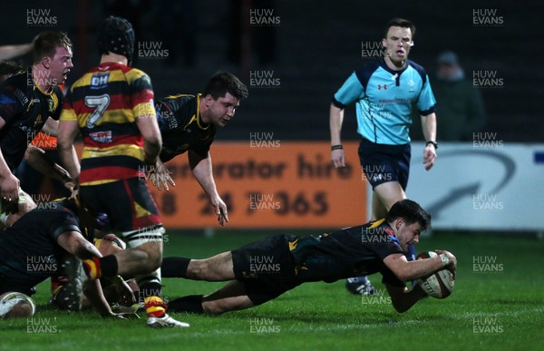 150317 - Merthyr RFC v Carmarthen Quins - Foster's Cup Semi Final - Adam Hoskins of Merthyr scores a try