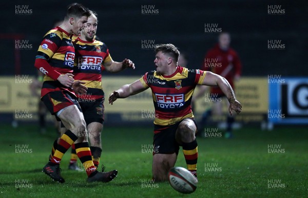 150317 - Merthyr RFC v Carmarthen Quins - Foster's Cup Semi Final - Morgan Griffiths of Carmarthen celebrates scoring a try