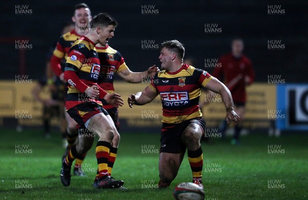 150317 - Merthyr RFC v Carmarthen Quins - Foster's Cup Semi Final - Morgan Griffiths of Carmarthen celebrates scoring a try