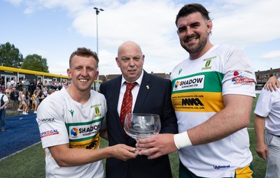 030525 - Merthyr RFC v Neath RFC, WRU Admiral Premiership - Merthyr captains Ben Jones and Paddy McBride are presented with the trophy by WRU representative Roy Wilkinson as Merthyr RFC win the Admiral Mens Community Premiership trophy