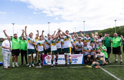 030525 - Merthyr RFC v Neath RFC, WRU Admiral Premiership - Merthyr captains Ben Jones and Paddy McBride celebrate with the team as Merthyr RFC celebrate winning the Admiral Mens Community Premiership trophy