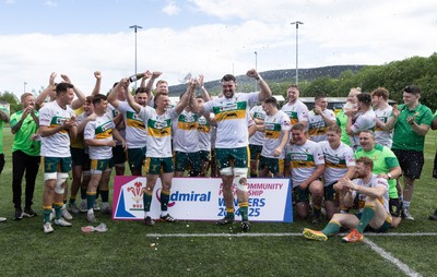 030525 - Merthyr RFC v Neath RFC, WRU Admiral Premiership - Merthyr captains Ben Jones and Paddy McBride celebrate with the team as Merthyr RFC celebrate winning the Admiral Mens Community Premiership trophy