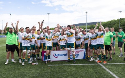 030525 - Merthyr RFC v Neath RFC, WRU Admiral Premiership - Merthyr captains Ben Jones and Paddy McBride celebrate with the team as Merthyr RFC celebrate winning the Admiral Mens Community Premiership trophy