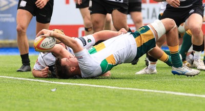030525 - Merthyr RFC v Neath RFC, WRU Admiral Premiership - Aled Evans of Merthyr reaches over his head to score try