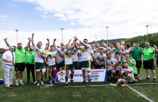 030525 - Merthyr RFC v Neath RFC, WRU Admiral Premiership - Merthyr captains Ben Jones and Paddy McBride celebrate with the team as Merthyr RFC celebrate winning the Admiral Mens Community Premiership trophy