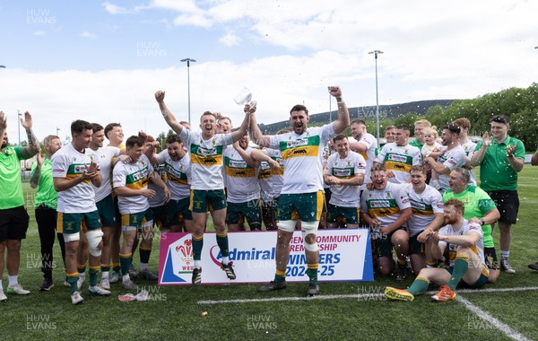 030525 - Merthyr RFC v Neath RFC, WRU Admiral Premiership - Merthyr captains Ben Jones and Paddy McBride celebrate with the team as Merthyr RFC celebrate winning the Admiral Mens Community Premiership trophy