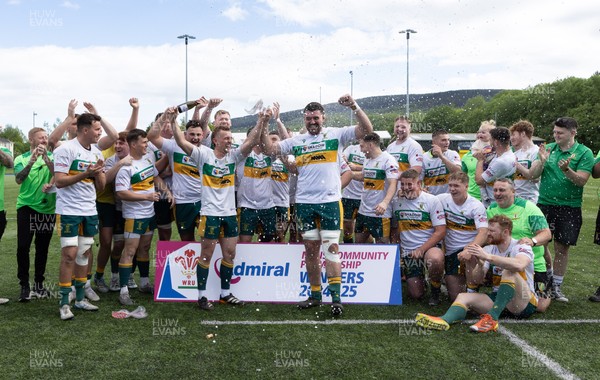 030525 - Merthyr RFC v Neath RFC, WRU Admiral Premiership - Merthyr captains Ben Jones and Paddy McBride celebrate with the team as Merthyr RFC celebrate winning the Admiral Mens Community Premiership trophy