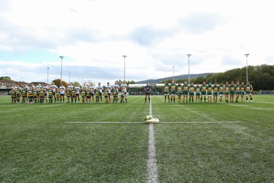 101026 - Merthyr v Beddau - Admiral WRU Premiership - Players of Merthyr and Beddau pay their respects to those lost at Aberfan 60 years ago before kick off 