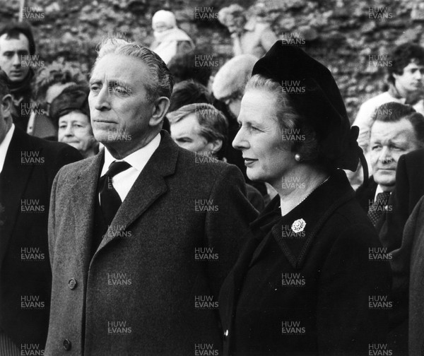 160283 - Picture shows Speaker George Thomas, Viscount Tonypandy, with Prime Minister Margaret Thatcher at Llandaff Cathedral for funeral of Michael Roberts