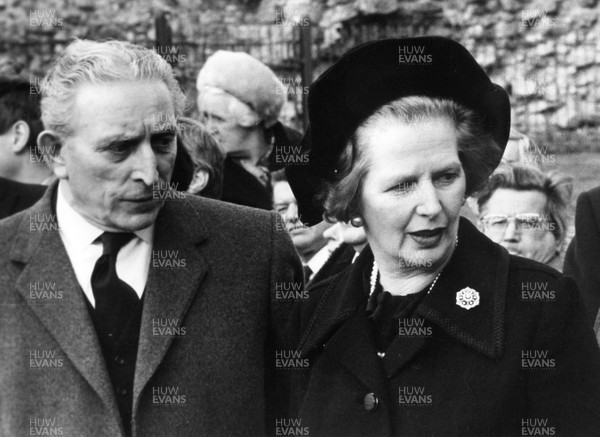 160283 - Picture shows Speaker George Thomas, Viscount Tonypandy, with Prime Minister Margaret Thatcher at Llandaff Cathedral for funeral of Michael Roberts