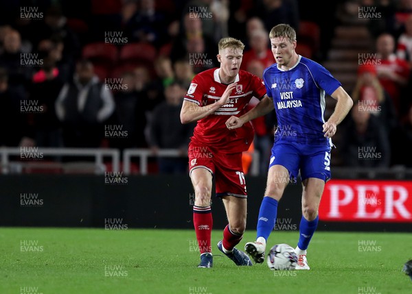031023 - Middlesbrough v Cardiff City - Sky Bet Championship - Josh Coburn of Middlesbrough and Mark McGuinness of Cardiff City