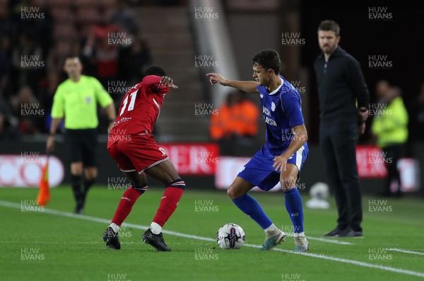 031023 - Middlesbrough v Cardiff City - Sky Bet Championship - Isaiah Jones of Middlesbrough and Perry Ng of Cardiff City