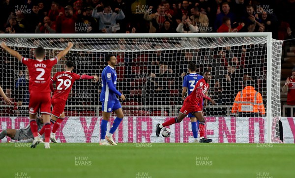 031023 - Middlesbrough v Cardiff City - Sky Bet Championship - Isaiah Jones of Middlesbrough celebrates after putting his side 1-0 up