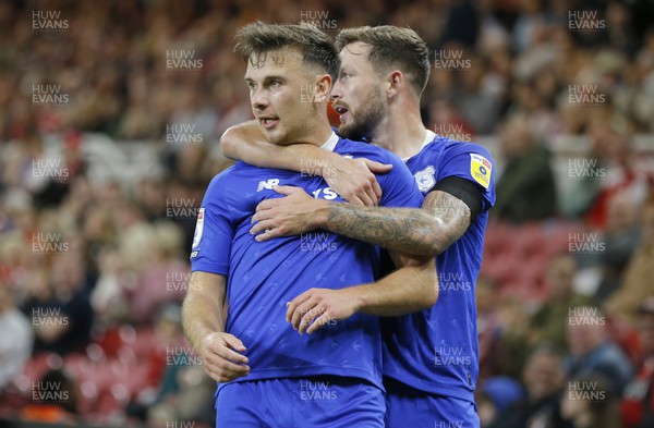 130922 - Middlesbrough v Cardiff City - Sky Bet Championship - Mark Harris of Cardiff celebrates scoring the 2nd goal with Joe Ralls of Cardiff