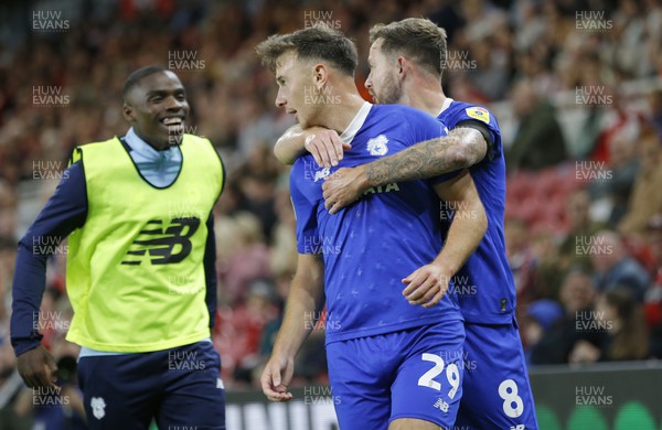 130922 - Middlesbrough v Cardiff City - Sky Bet Championship - Mark Harris of Cardiff celebrates scoring the 2nd goal with Joe Ralls of Cardiff and sub Sheyi Ojo