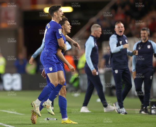 130922 - Middlesbrough v Cardiff City - Sky Bet Championship - Perry Ng of Cardiff celebrates on scoring 3rd goal towards bench with 1st scorer Callum O'Dowda of Cardiff