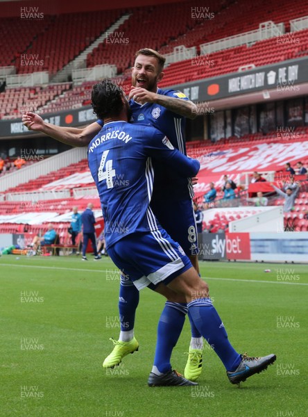 180720 - Middlesbrough v Cardiff City - Sky Bet Championship - Sean Morrison of Cardiff City celebrates after scoring the opening goal