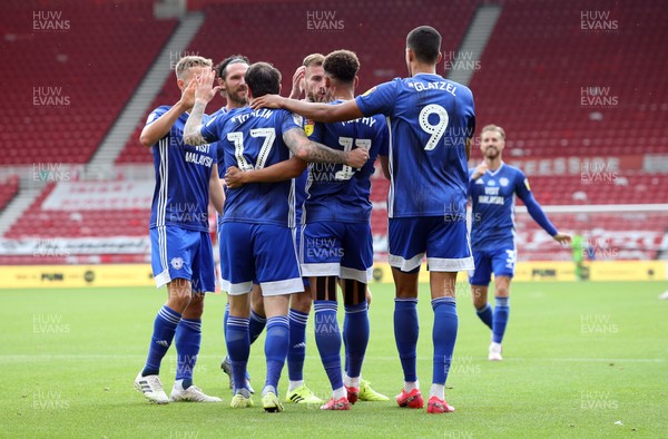 180720 - Middlesbrough v Cardiff City - Sky Bet Championship -  Josh Murphy of Cardiff City celebrates with team mates after he breaks clear to score the second goal