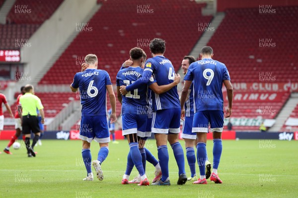 180720 - Middlesbrough v Cardiff City - Sky Bet Championship -  Josh Murphy of Cardiff City celebrates with team mates after he breaks clear to score the second goal