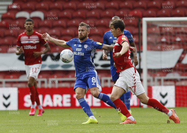 180720 - Middlesbrough v Cardiff City - Sky Bet Championship -  Paddy McNair of Middlesbrough (R) challenges Joe Ralls of Cardiff