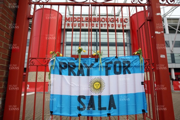 260119 - Middlesbrough v Newport County - FA Cup Fourth Round - The main entrance to the Riverside stadium prior to kick off A tribute flag to missing Argentine footballer Emiliano Sala