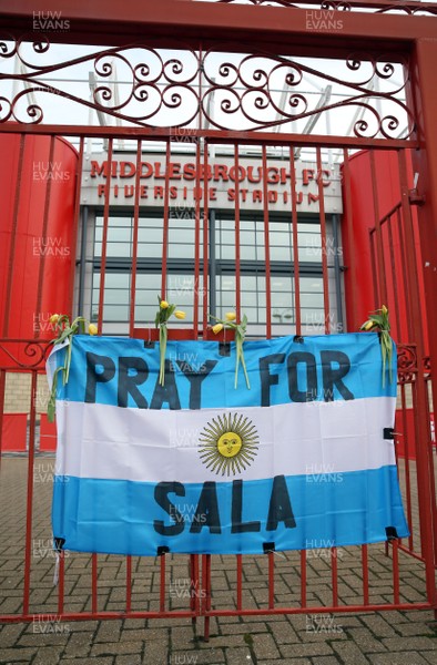 260119 - Middlesbrough v Newport County - FA Cup Fourth Round - The main entrance to the Riverside stadium prior to kick off A tribute flag to missing Argentine footballer Emiliano Sala