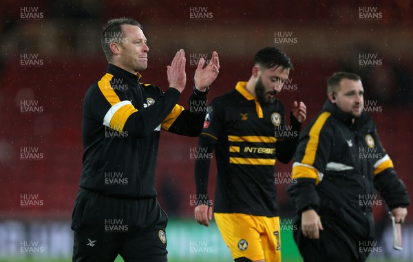260119 - Middlesbrough v Newport County - FA Cup Fourth Round - Newport County players and manager Michael Flynn after the final whistle