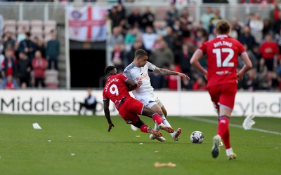 060424 - Middlesbrough v Swansea City - Sky Bet Championship - Emmanuel Latte Lath of Middlesbrough and Nathan Wood of Swansea City