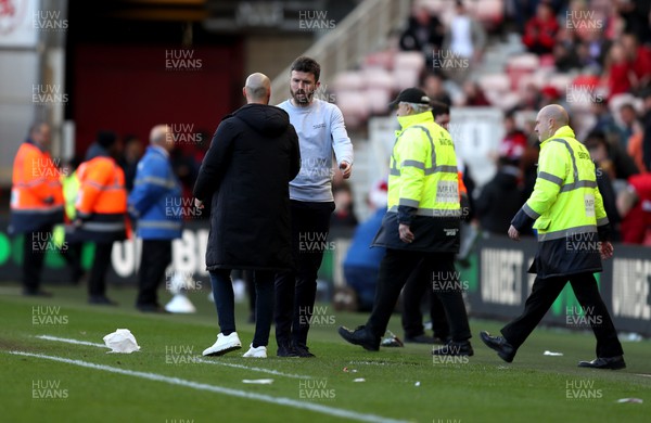 060424 - Middlesbrough v Swansea City - Sky Bet Championship - Swansea City head coach Luke Williams and Middlesbrough manager Michael Carrick at the final whistle