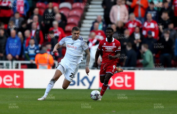 060424 - Middlesbrough v Swansea City - Sky Bet Championship - Emmanuel Latte Lath of Middlesbrough and Nathan Wood of Swansea City