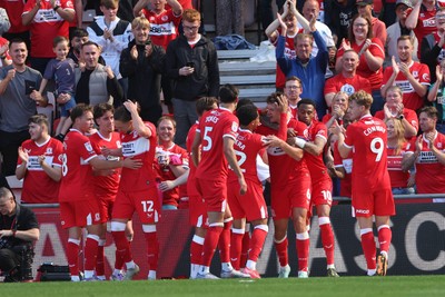 090825 - Middlesbrough v Swansea City - Sky Bet Championship - Middlesbrough's players celebrate after Dael Fry (6) headed them into a 1-0 lead