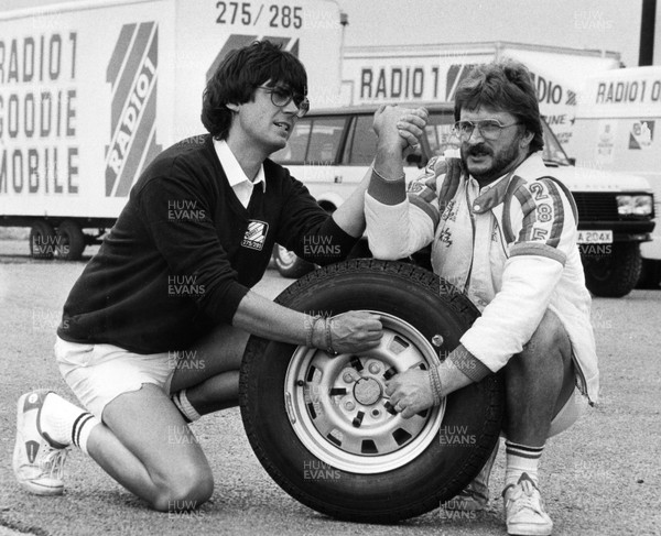 230782 - Picture shows Mike Read and Tony Miles locked in arm-wrestling combat at Barry