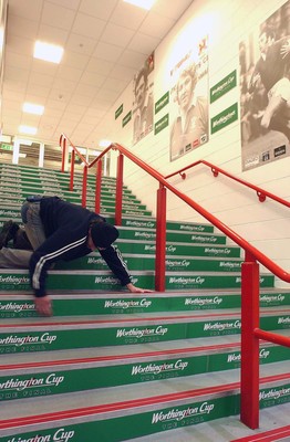 280203 - Branding being put into place on the steps to the players changing rooms for the Worthington Cup Final at the Millennium Stadium in Cardiff