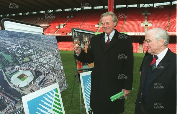 230296 - Millennium Stadium Plans - Michael Hesseltine with WRU President Sir Tasker Watkins and an artists impression of new stadium