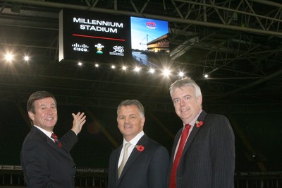 05.11.10. Millennium Stadium, new screens... L-r Roger Lewis WRU Chief Executive, Phil Smith CEO Cisco UK, First Minister Carwyn Jones AM with the new screens at the Millennium Stadium. 