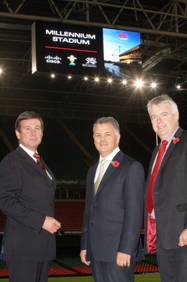 05.11.10. Millennium Stadium, new screens... L-r Roger Lewis WRU Chief Executive, Phil Smith CEO Cisco UK, First Minister Carwyn Jones AM with the new screens at the Millennium Stadium. 